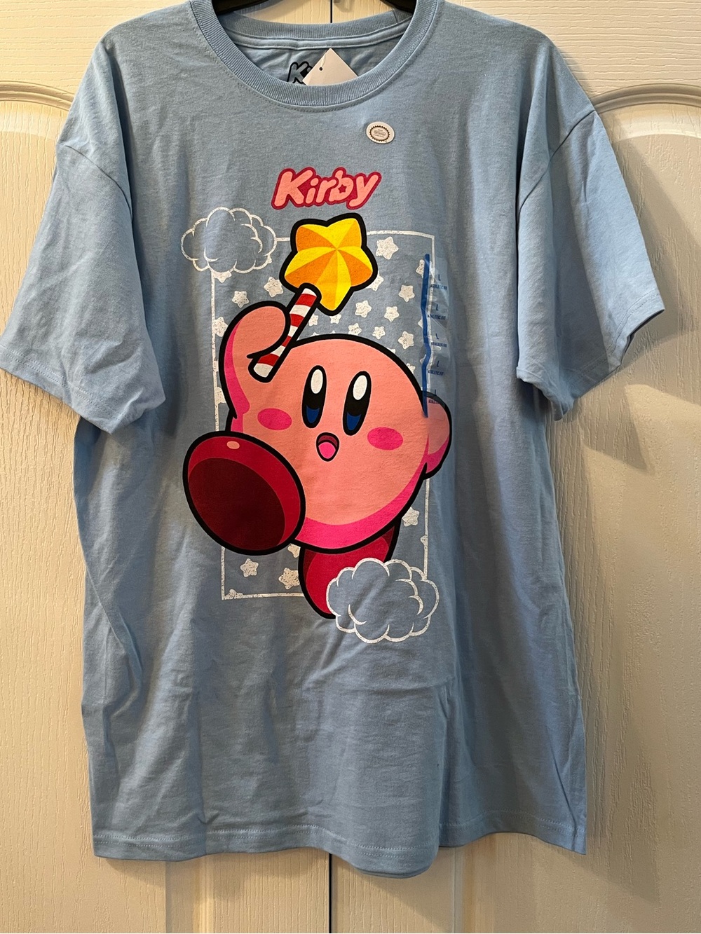 Kirby Light Blue Graphic Tee - Star Wand Design Unisex Size Large